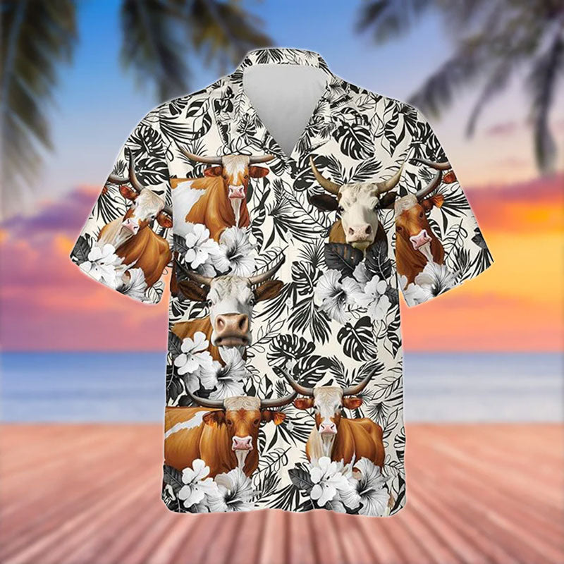 Texas Longhorn Black White Flowers Pattern 3D Hawaiian Shirt