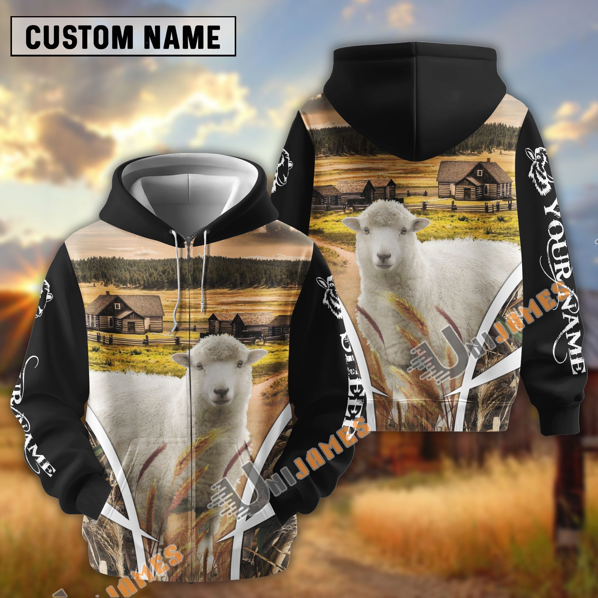 Sheep Custom Name Meadow Pattern Black Hoodie