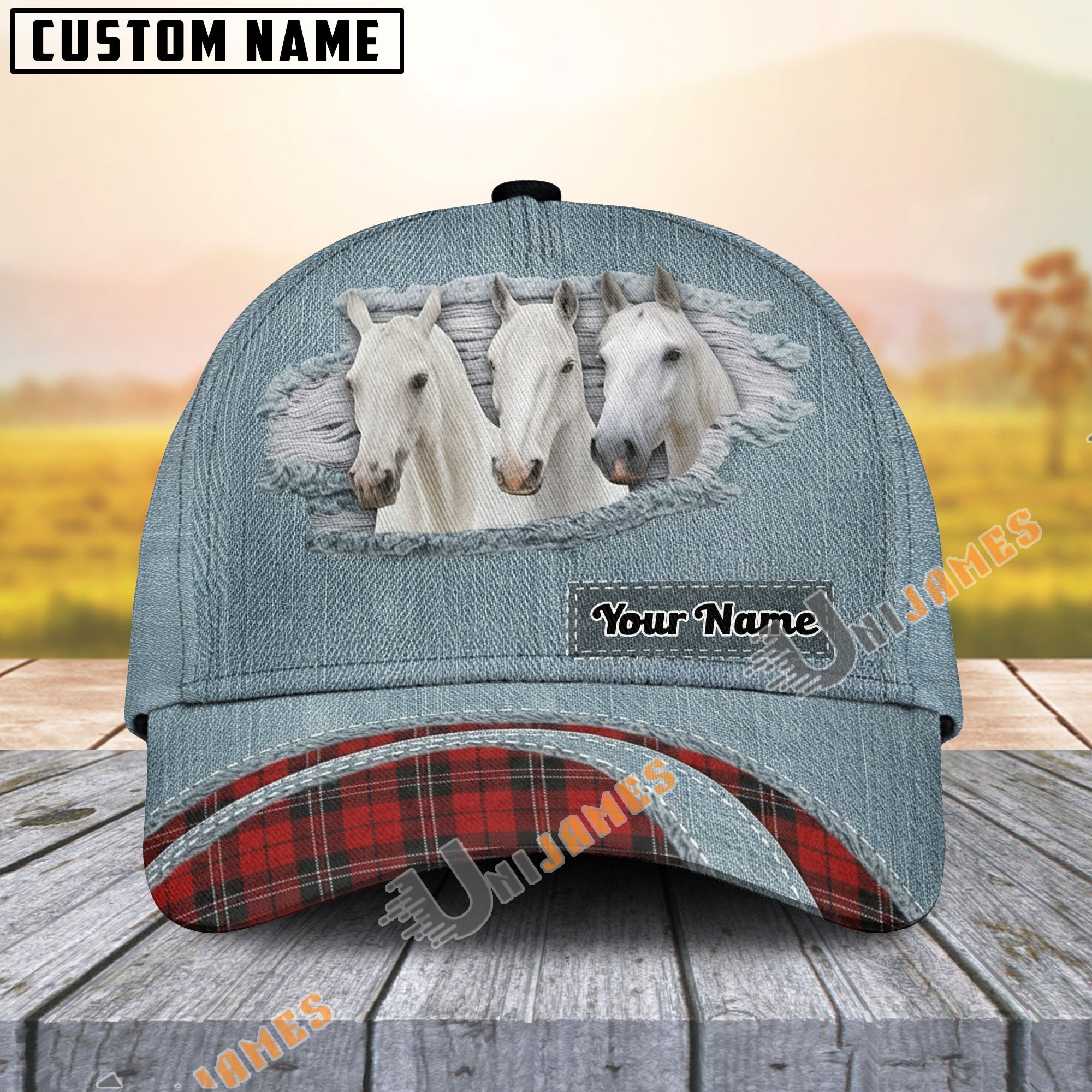 White Horse Red Caro And Jeans Pattern Customized Name Cap