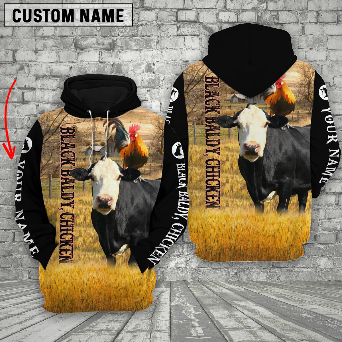 Personalized Name Black Baldy and Chicken Cattle On The Farm All Over Printed 3D Hoodie