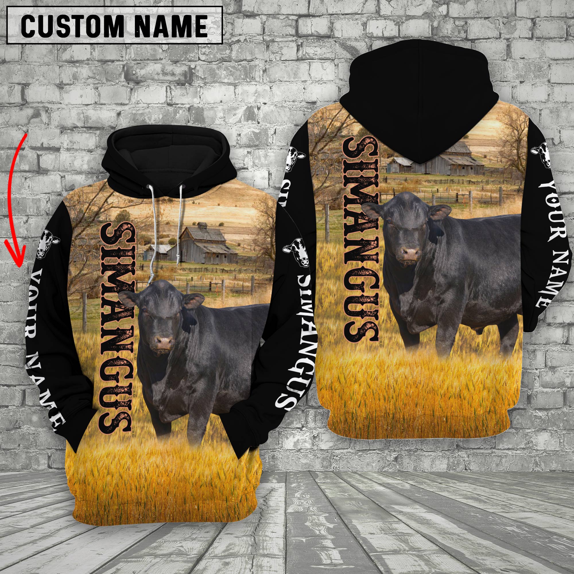 Personalized Name Black Sim Angus Cattle On The Farm All Over Printed 3D Hoodie