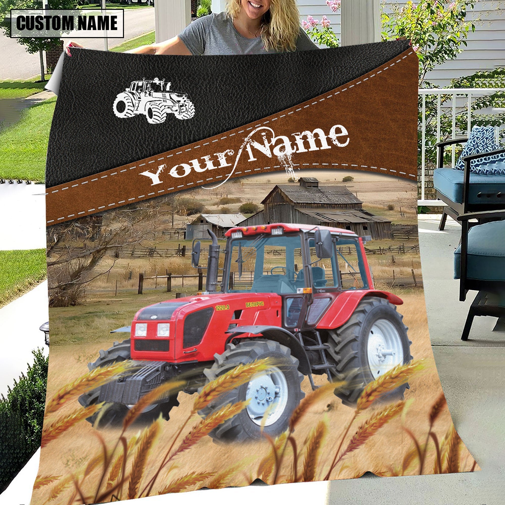 Red Tractor On The Field Customized Name 3D Blanket