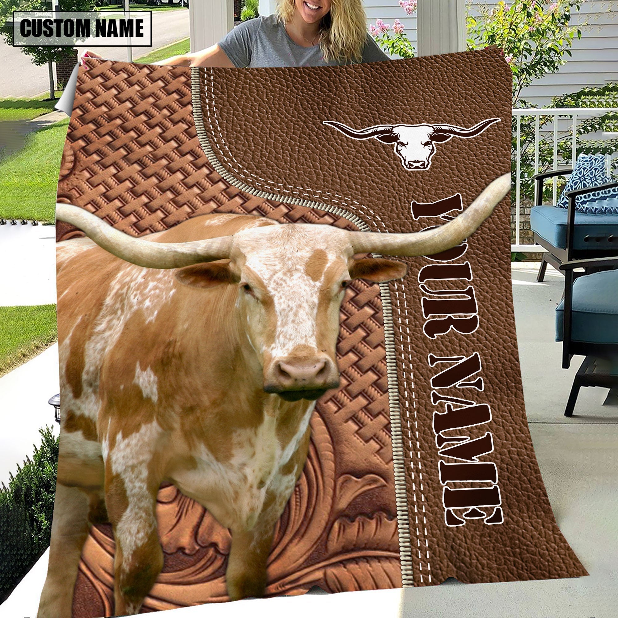 Texas Longhorn Farming Pattern Customized Name 3D Blanket