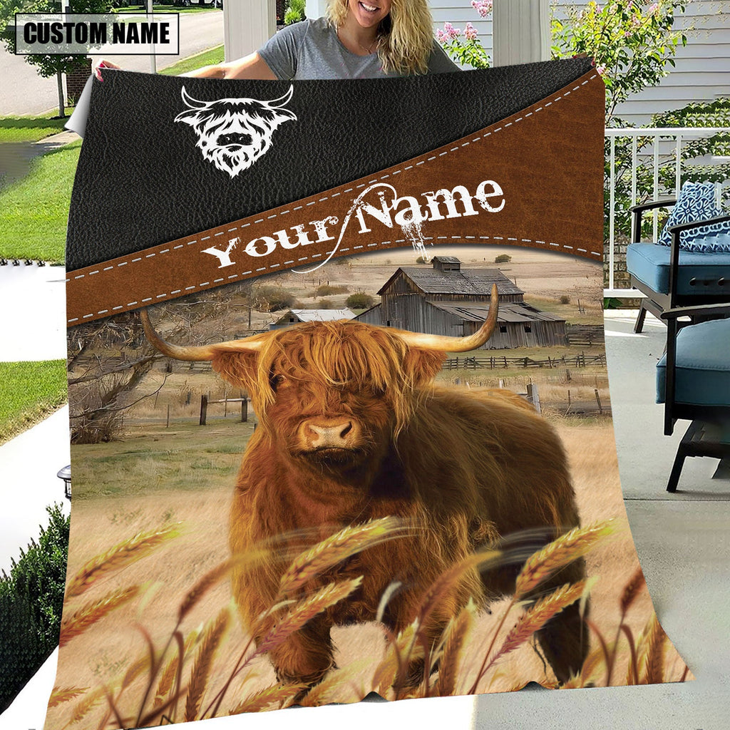 Highland Cattle On The Field Customized Name 3D Blanket