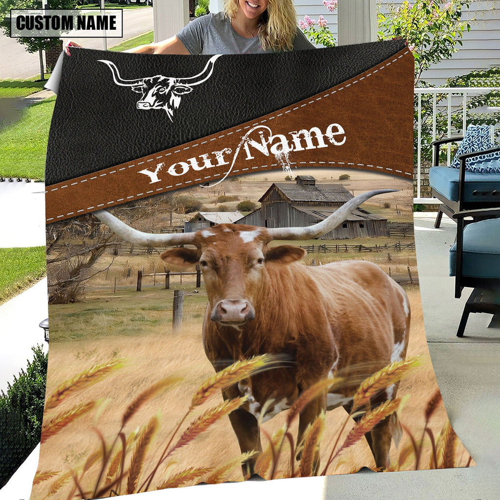 Texas Longhorn Cattle On The Field Customized Name 3D Blanket