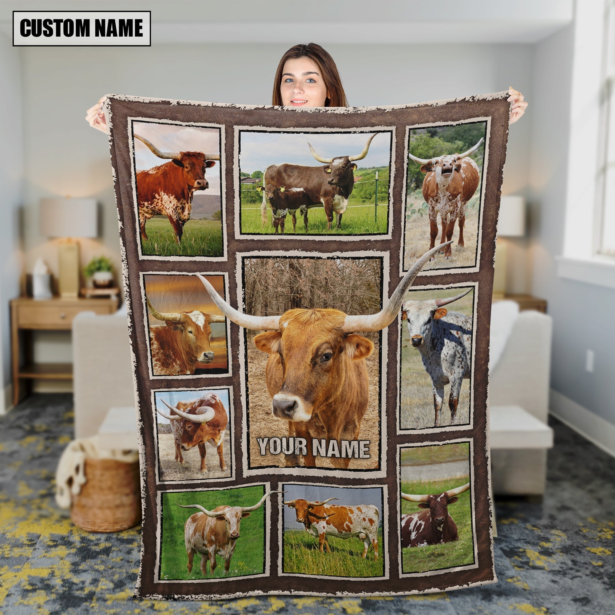 Custom Name Texas Longhorn Frame Blanket
