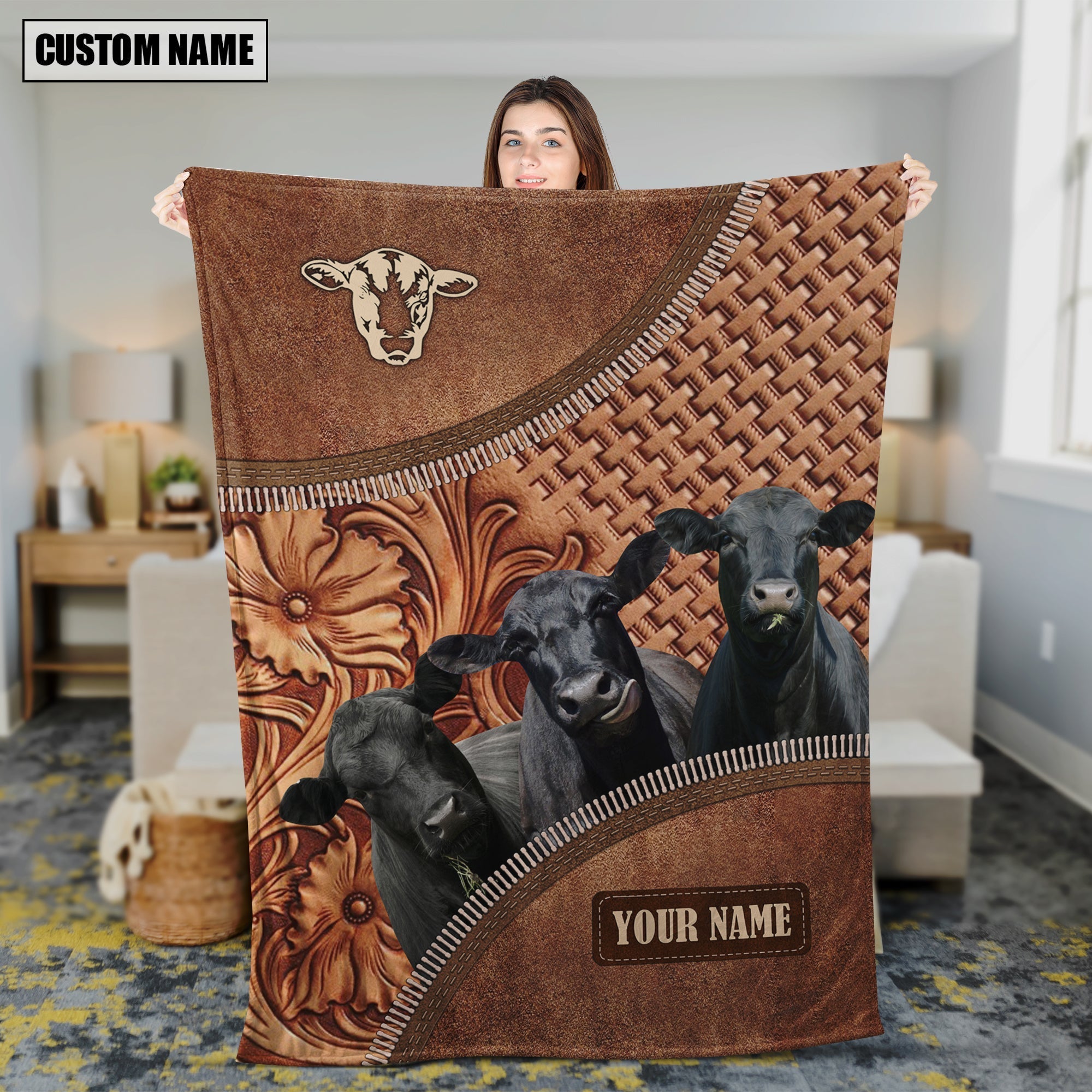 Black Angus Happiness Customized Name 3D Blanket
