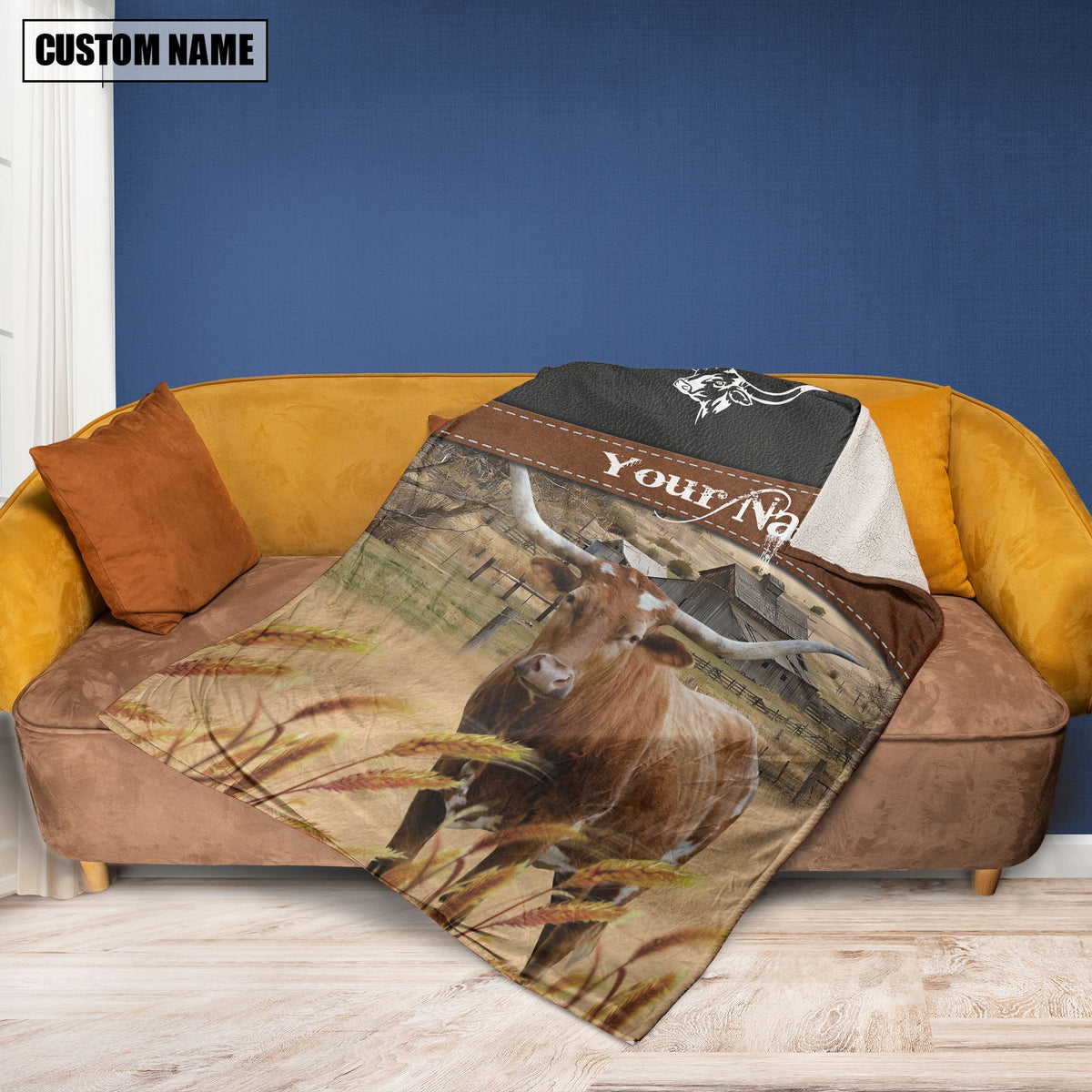 Texas Longhorn Cattle On The Field Customized Name 3D Blanket
