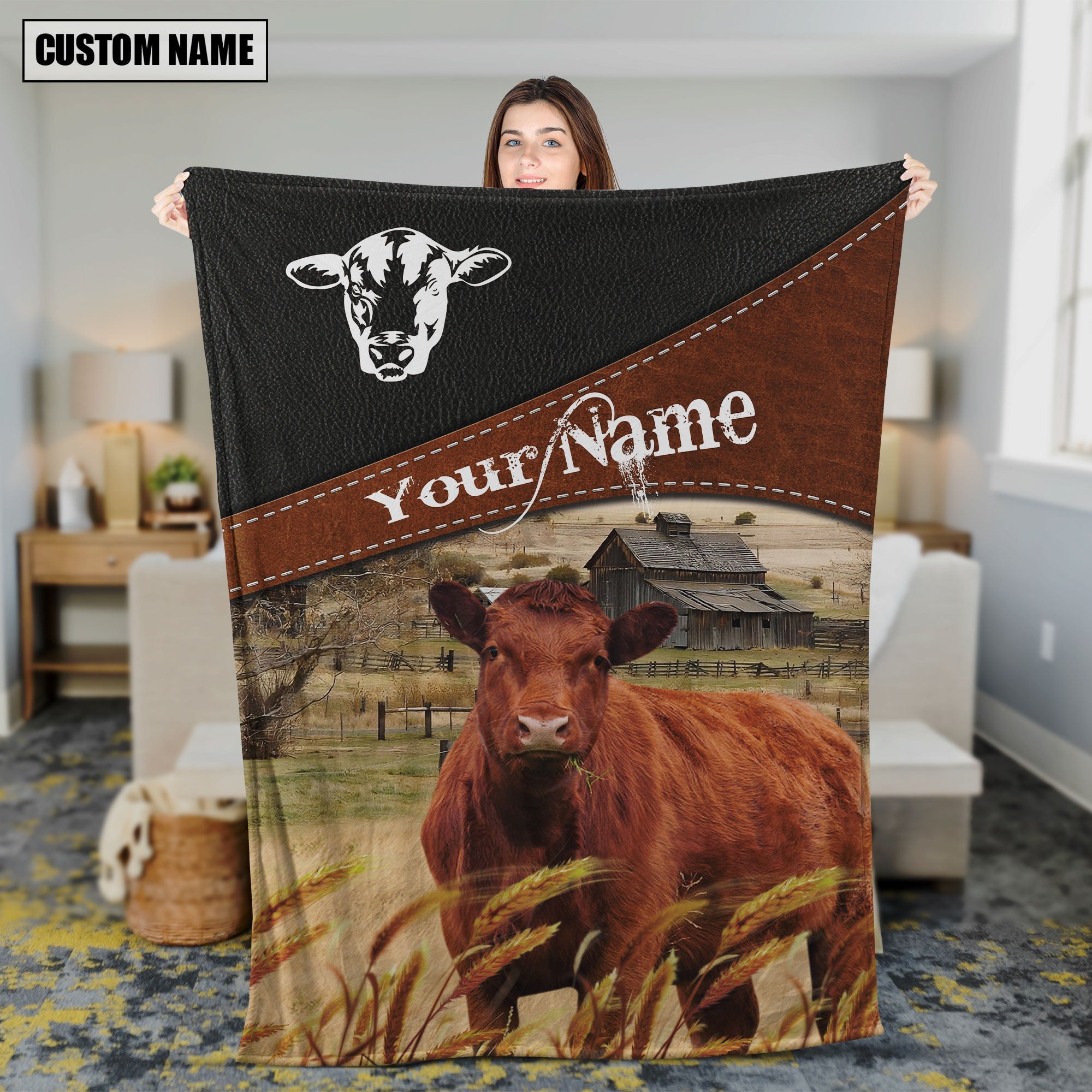 Red Angus Cattle On The Field Customized Name 3D Blanket