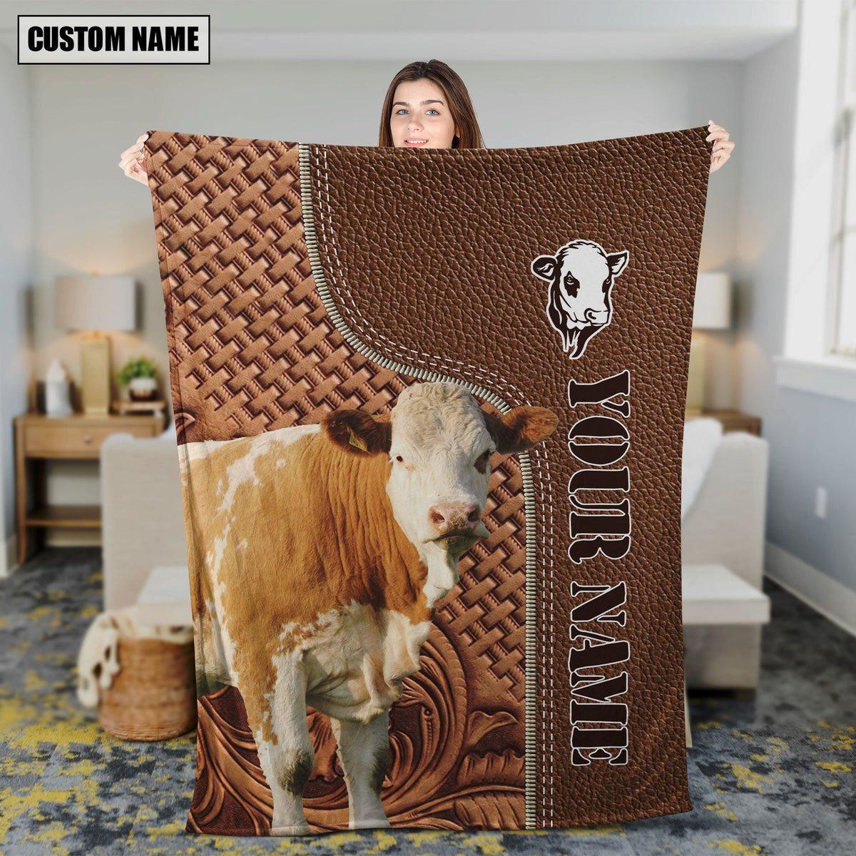 Simmental Farming Pattern Customized Name 3D Blanket