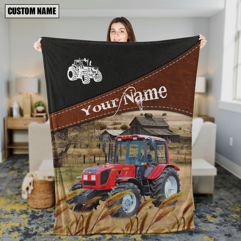 Red Tractor On The Field Customized Name 3D Blanket