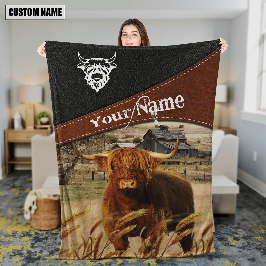 Highland Cattle On The Field Customized Name 3D Blanket