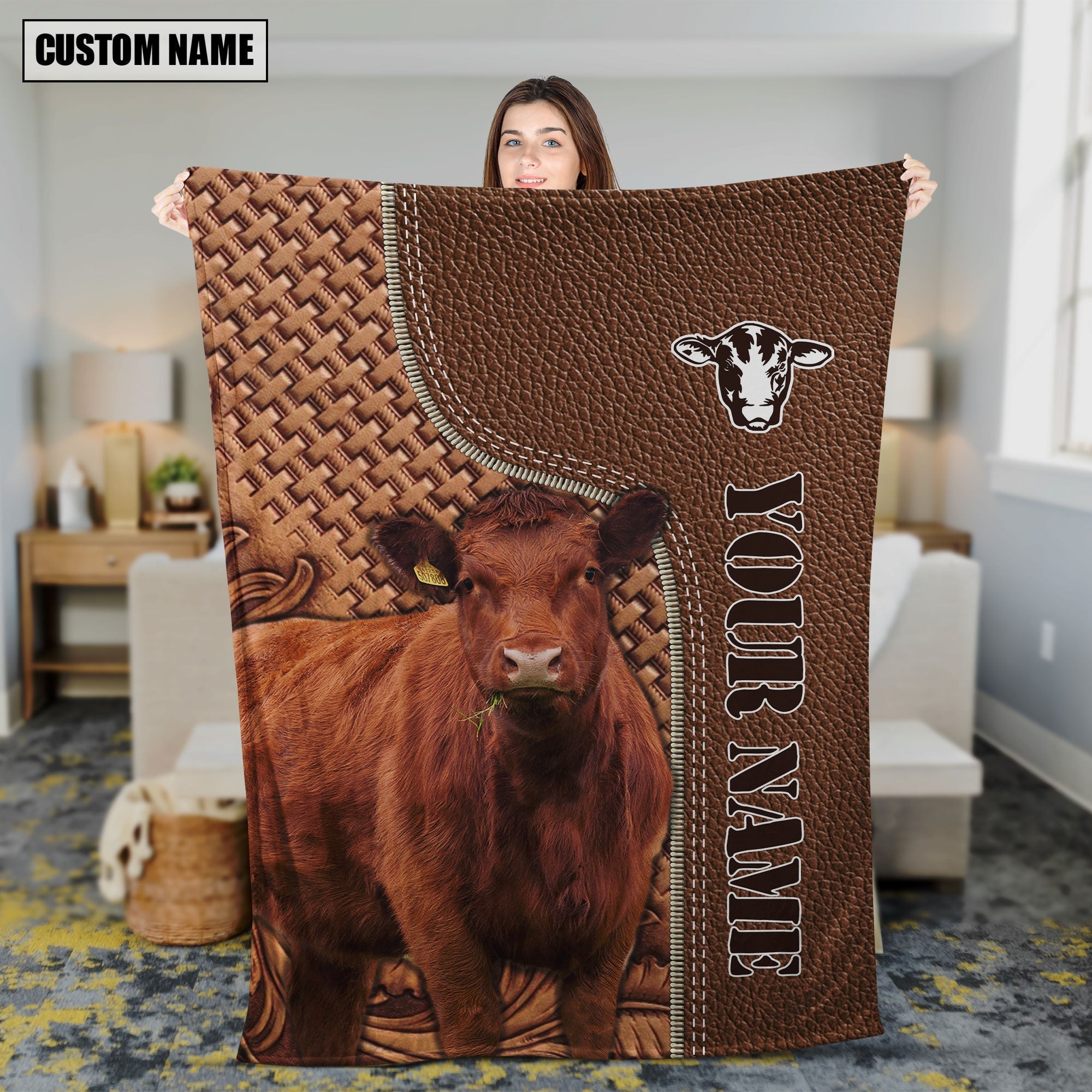 Red Angus Farming Pattern Customized Name 3D Blanket