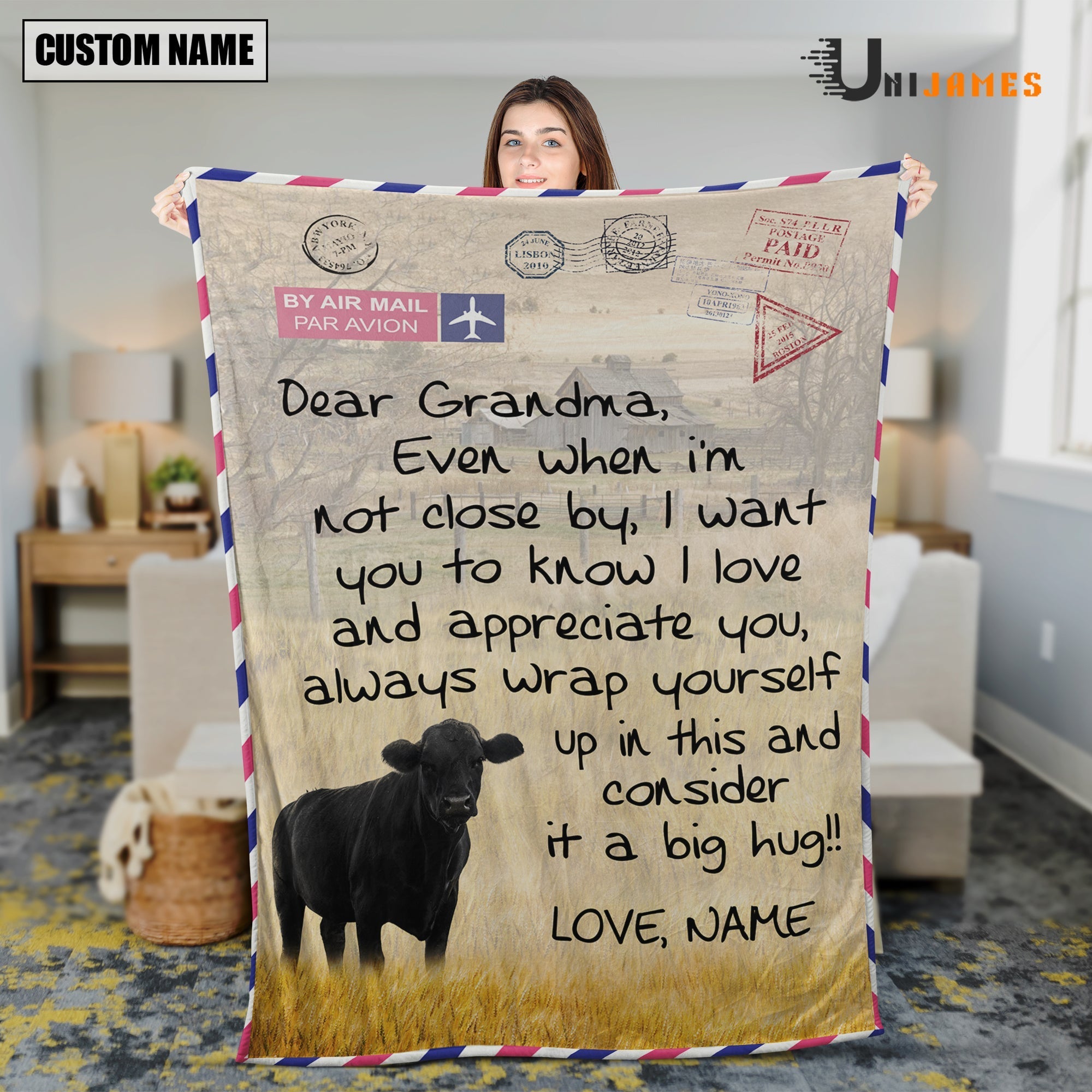 Custom Name Black Angus Letter Family Blanket