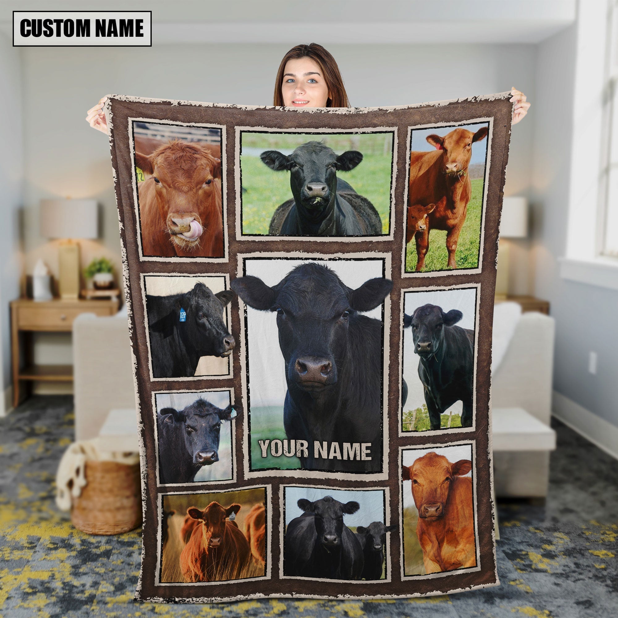 Custom Name Black Angus & Red Angus Frame Blanket