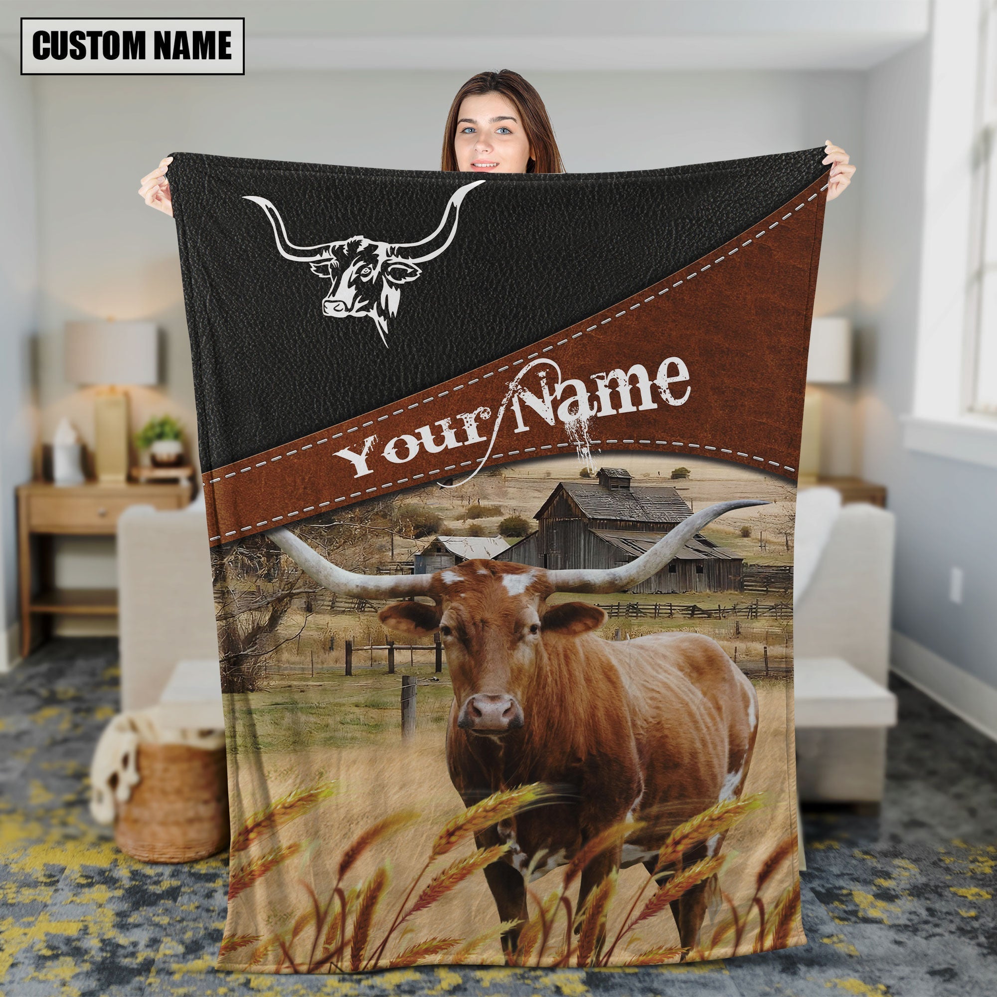 Texas Longhorn Cattle On The Field Customized Name 3D Blanket