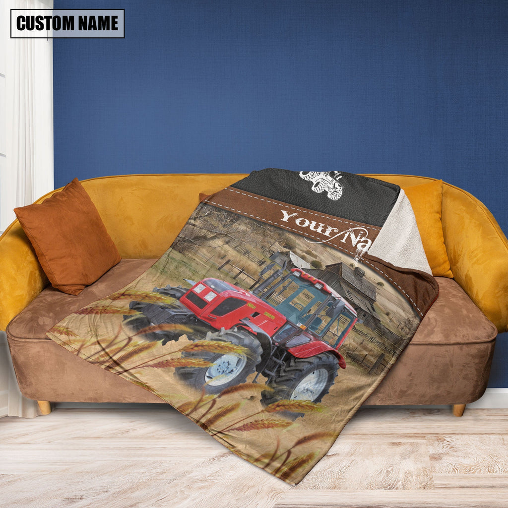 Red Tractor On The Field Customized Name 3D Blanket