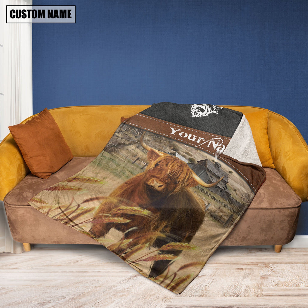 Highland Cattle On The Field Customized Name 3D Blanket