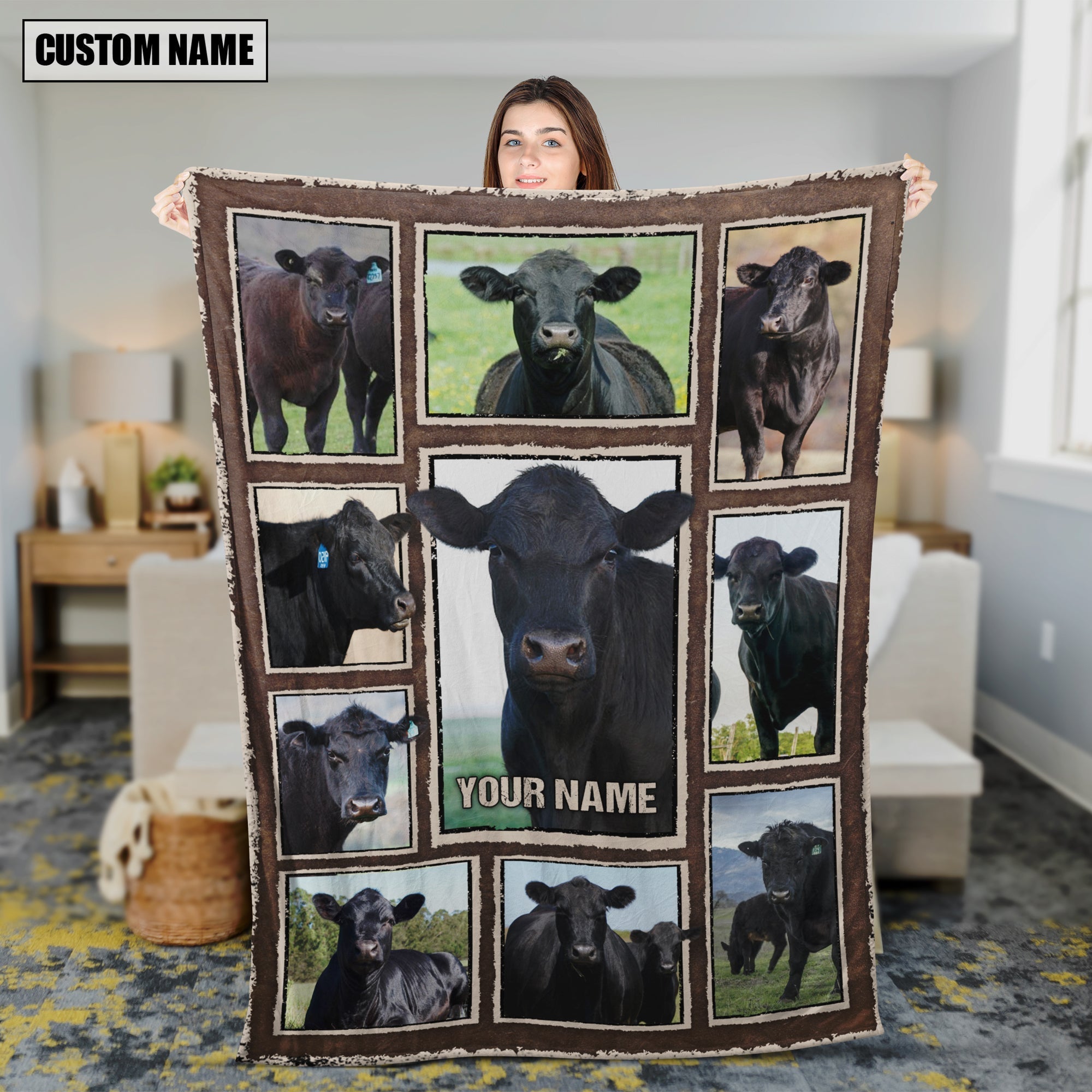Custom Name Black Angus Frame Blanket