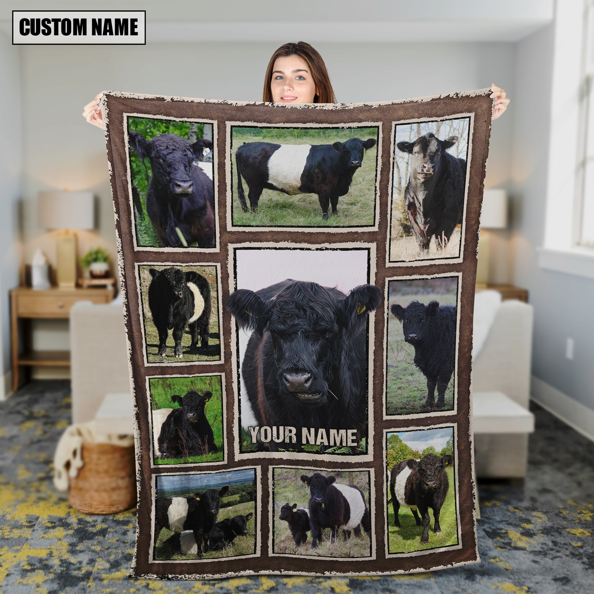 Custom Name Belted Galloway Frame Blanket