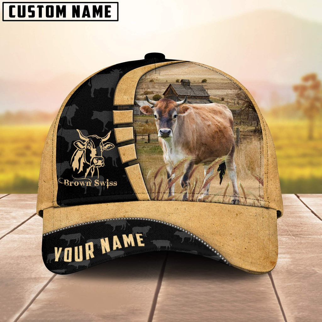 Custom Name Brown Swiss Cattle Farmhouse Field Cap