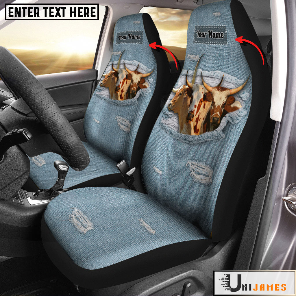 Texas Longhorn Personalized Name Leather Pattern Car Seat Covers Universal Fit (2Pcs)