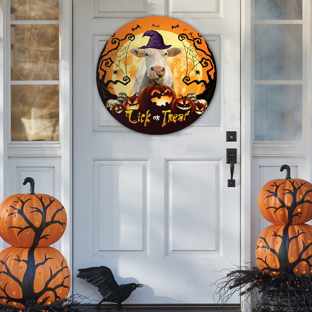 Halloween Charolais Cattle All Printed 3D Round Wooden Sign
