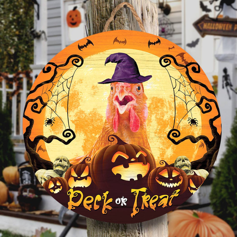 Chicken Peck Or Treat Round Wooden Sign