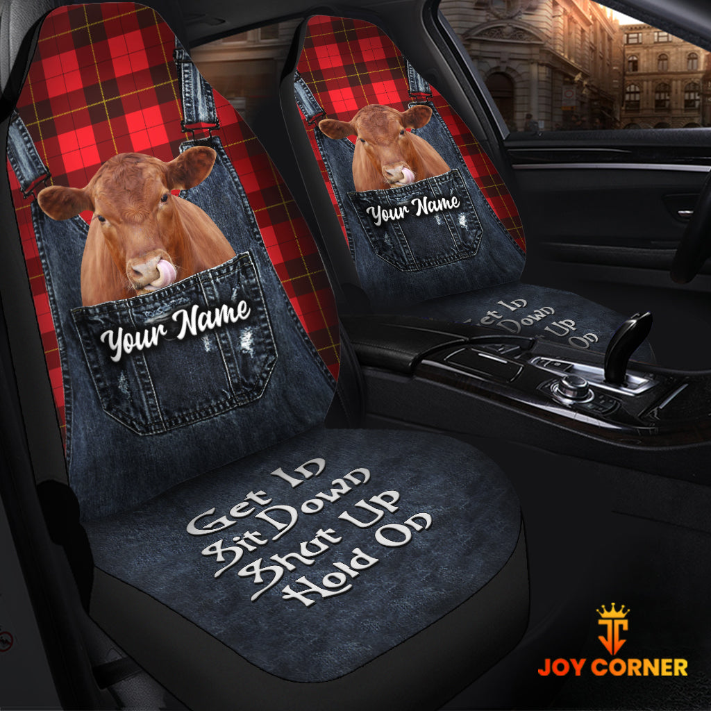 Customized Name Red Angus Jean Overalls Pattern Car Seat Covers (2Pcs)