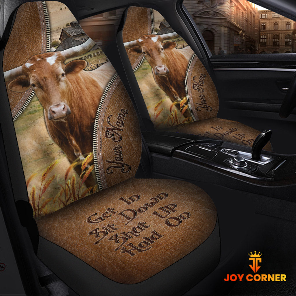 Texas Longhorn Customized Name Leather Pattern Car Seat Covers (2Pcs)