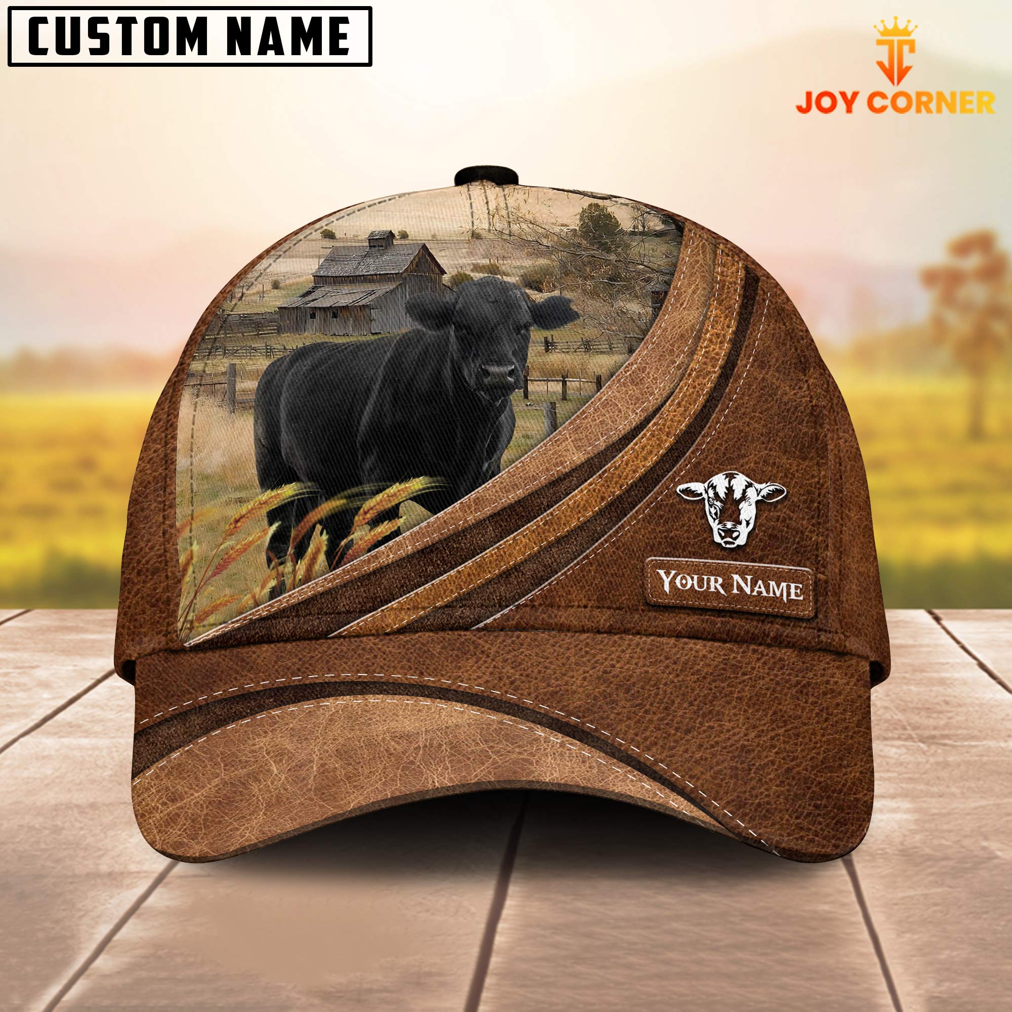 Custom Name Black Angus Leather Pattern Classic Cap