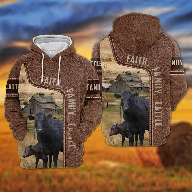 Black Angus Faith Family Cattle Personalized 3D Hoodie