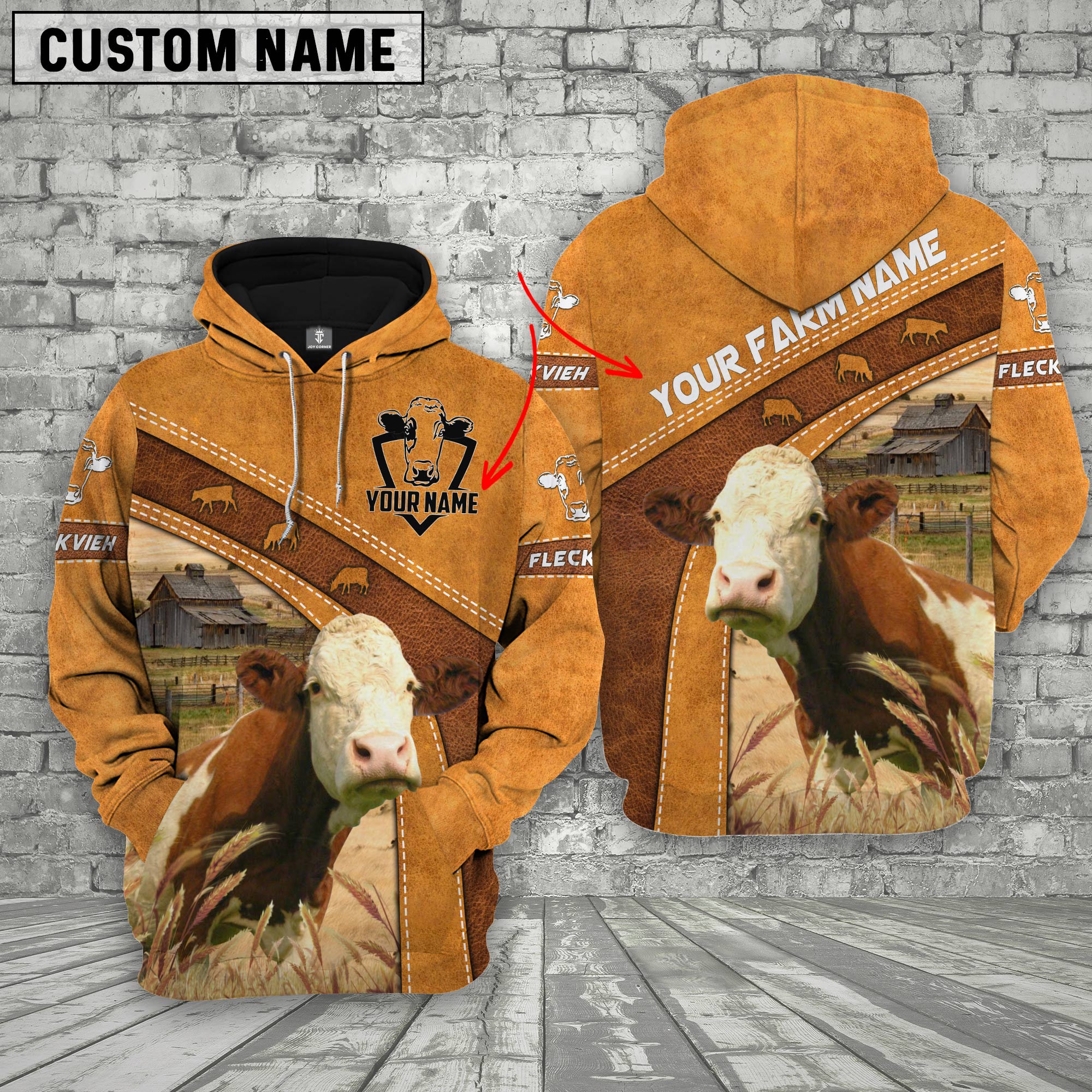 Fleckvieh 3D Customized Name - Farm Name Hoodie