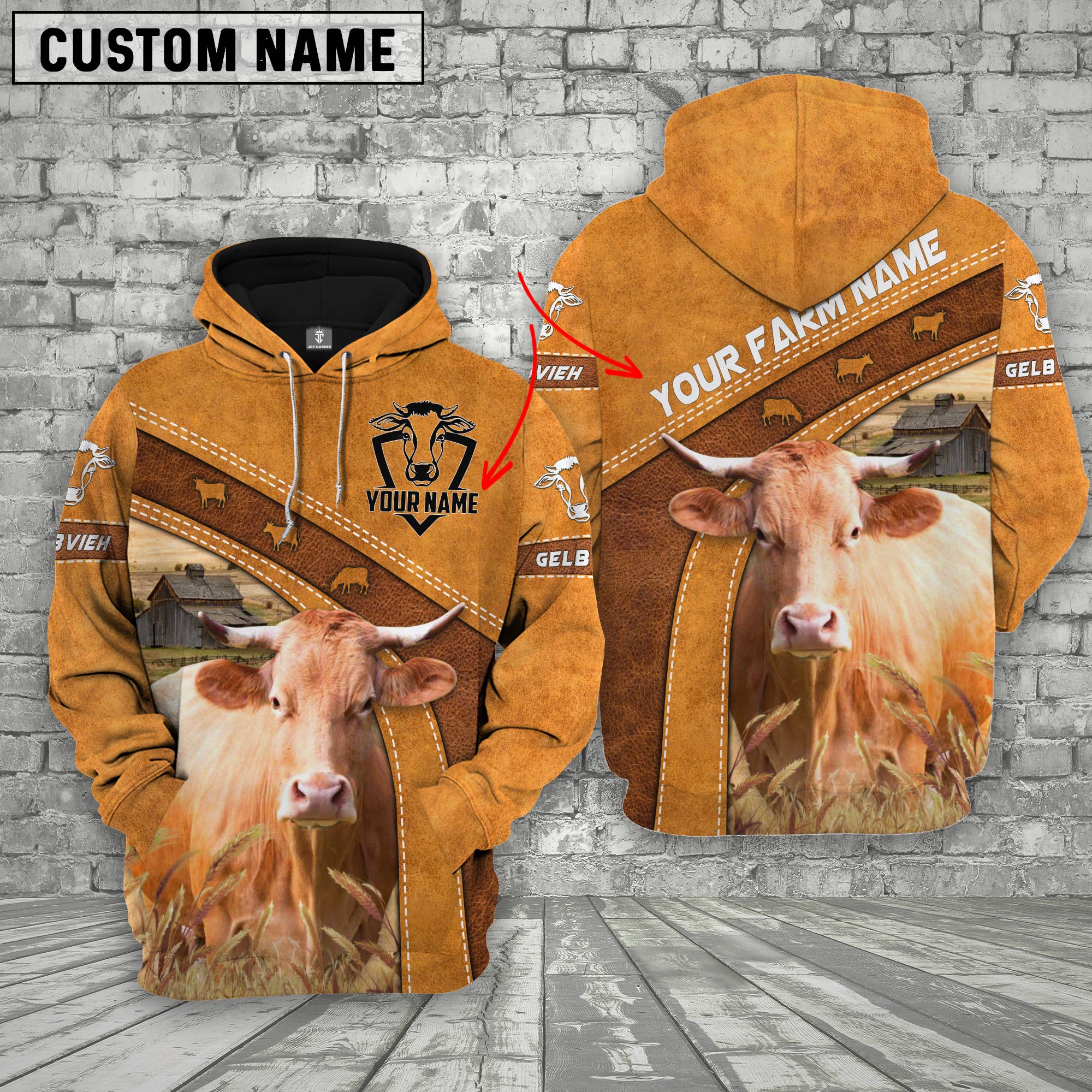 Gelbvieh 3D Customized Name - Farm Name Hoodie