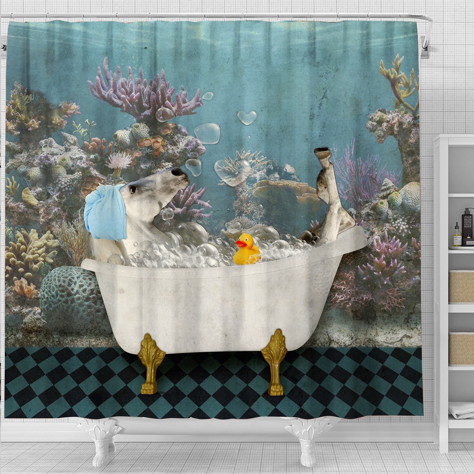 White Horse Taking Shower Under The Sea 3D Shower Curtain