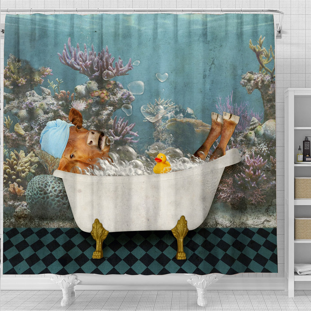 Red Angus Taking Shower Under The Sea 3D Shower Curtain