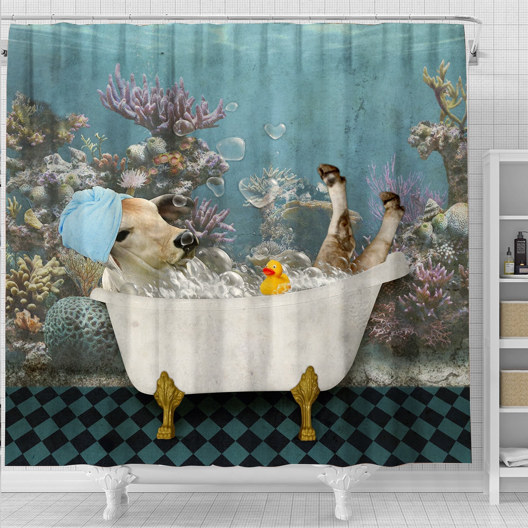 Brahman Cattle Taking Shower Under The Sea 3D Shower Curtain