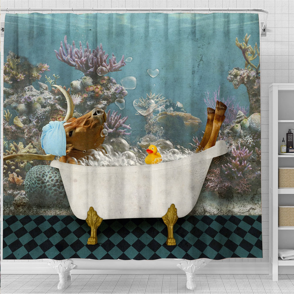 Texas Longhorn Taking Shower Under The Sea 3D Shower Curtain