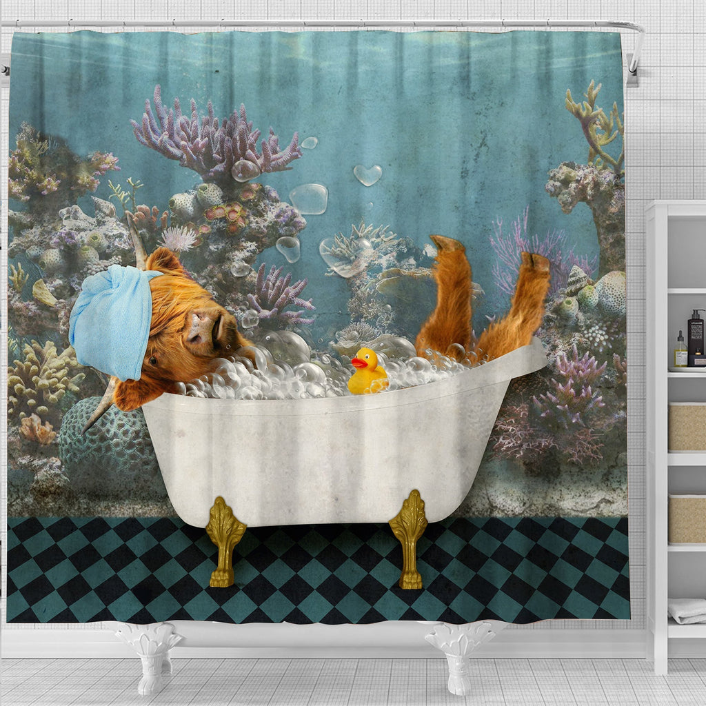 Highland Cattle Taking Shower Under The Sea 3D Shower Curtain