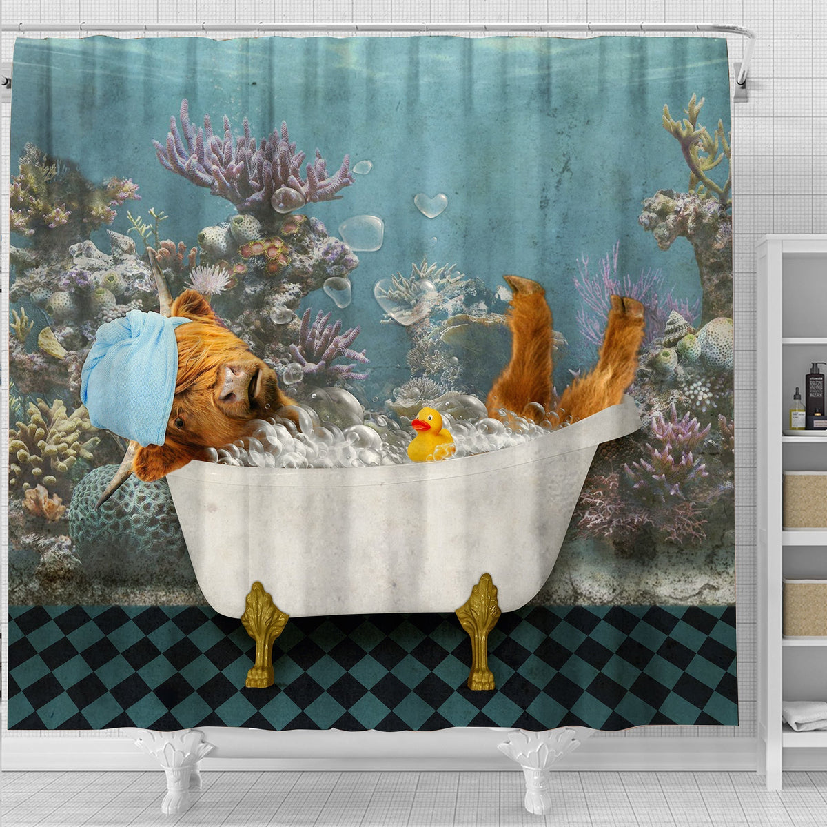 Highland Cattle Taking Shower Under The Sea 3D Shower Curtain