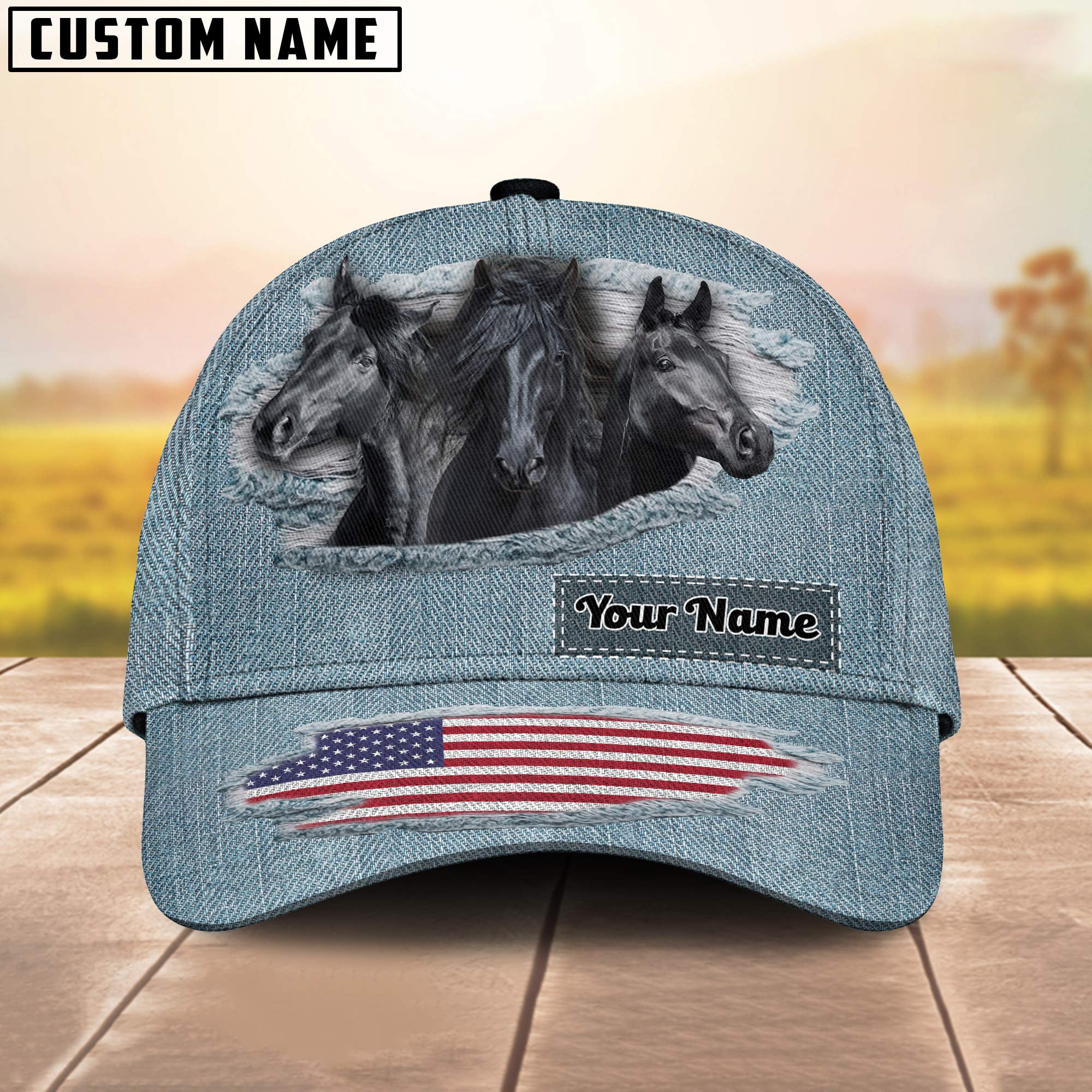 Black Horses Jeans Pattern Customized Name Cap