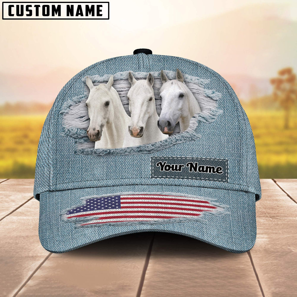 White Horses Jeans Pattern Customized Name Cap