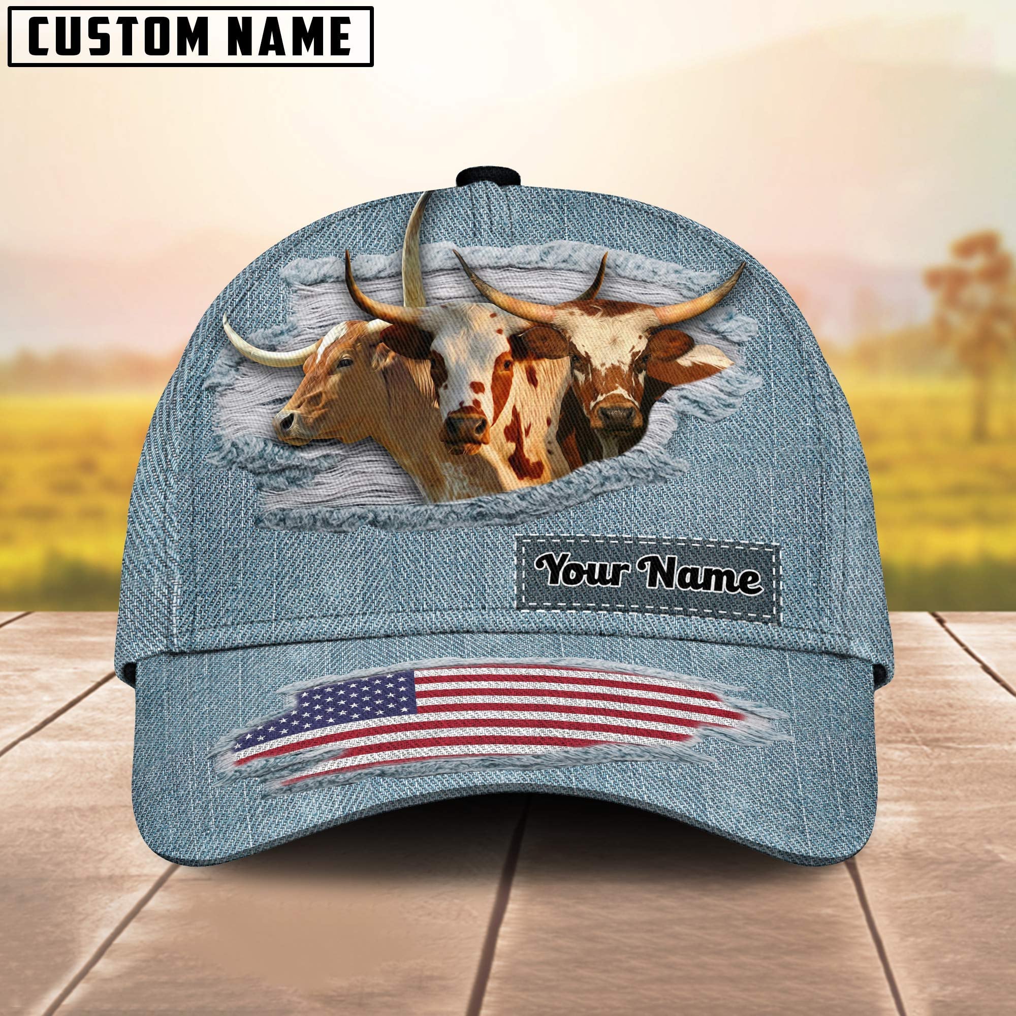 Texas Longhorn Jeans Pattern Customized Name Cap