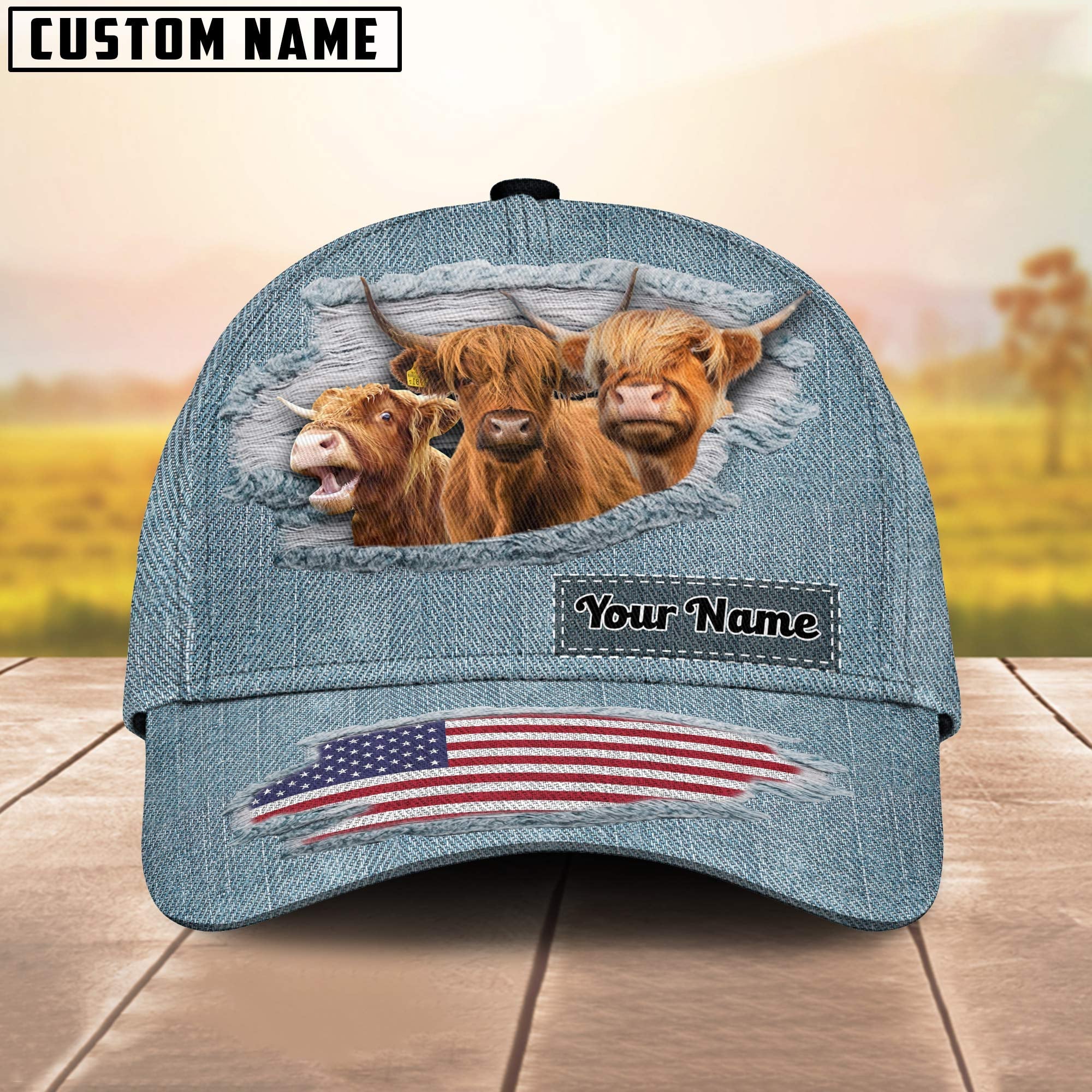 Highland Cattle Jeans Pattern Customized Name Cap