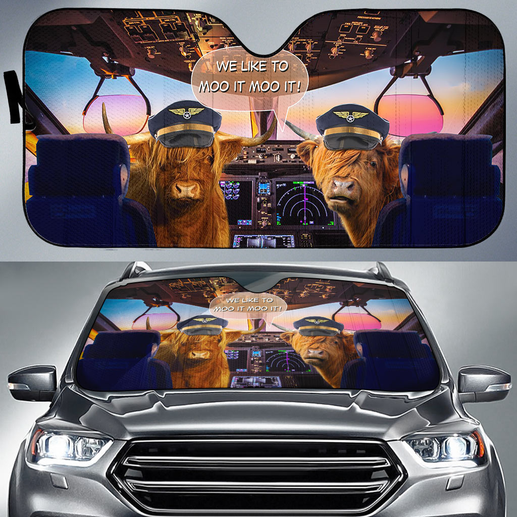 Highland Cattle Pilot I Like To Moo It Moo It All Over Printed 3D Sun Shade