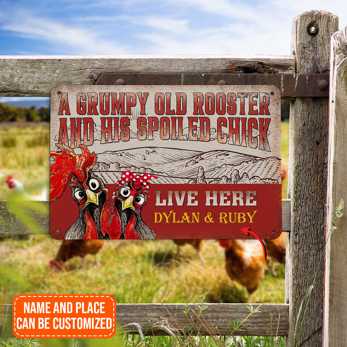 Customized Name Grumpy Old Rooster And His Spoiled Chick All Printed 3D Metal Sign