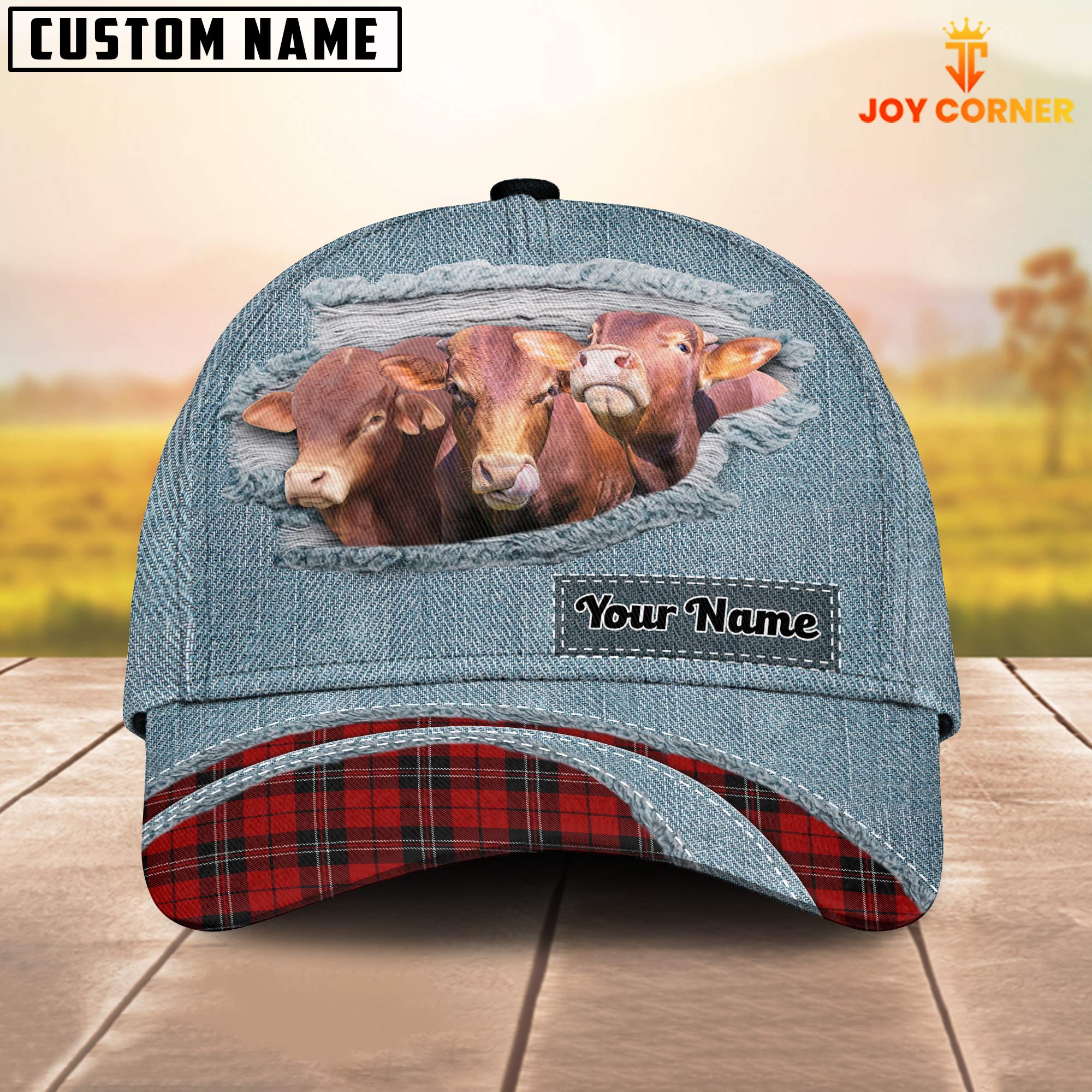 Beefmaster Red Caro And Jeans Pattern Customized Name Cap