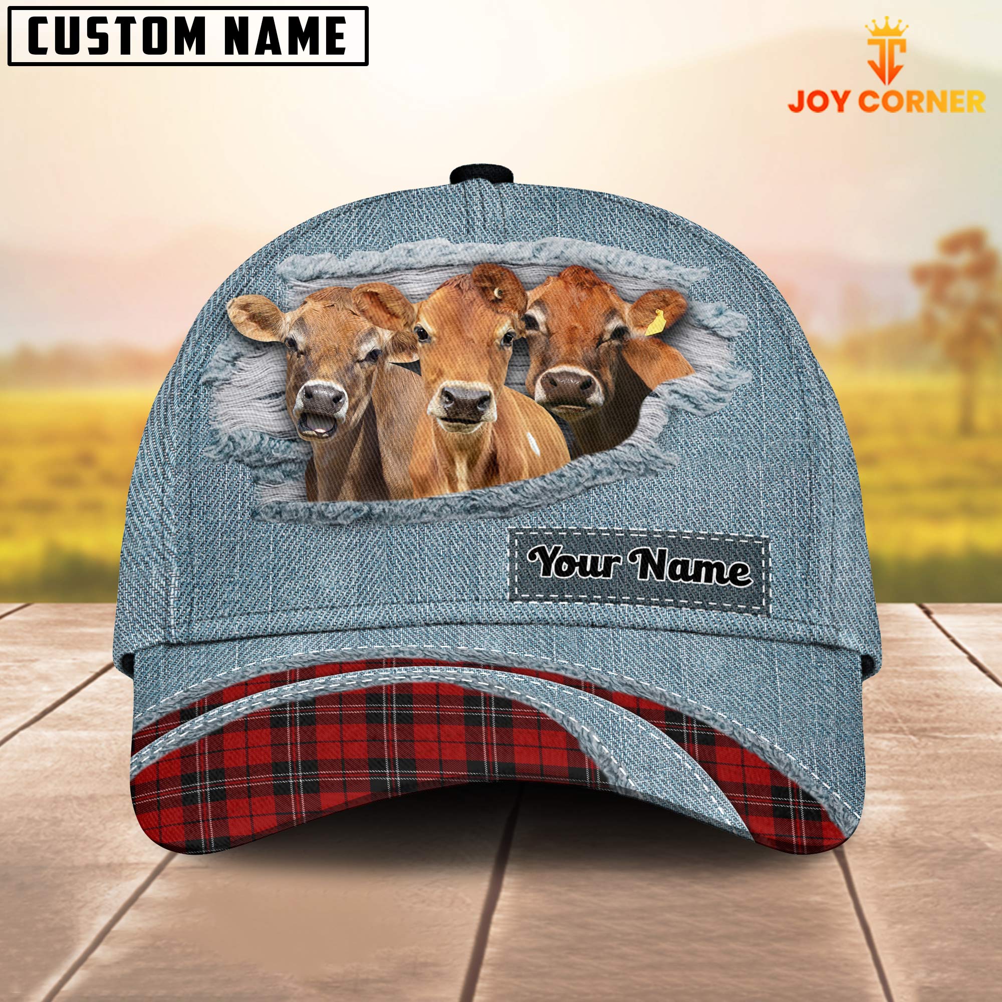 Jersey Red Caro And Jeans Pattern Customized Name Cap