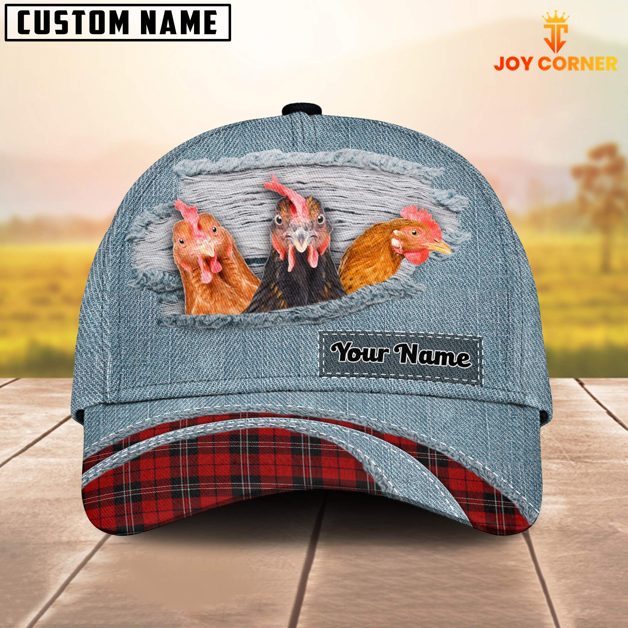 Chicken Red Caro And Jeans Pattern Customized Name Cap