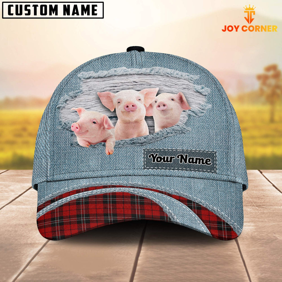Piggies Red Caro And Jeans Pattern Customized Name Cap